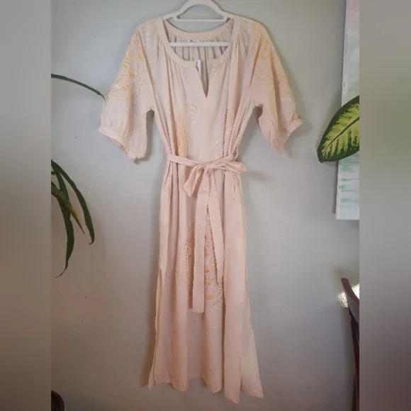 Rhea Handmade Cotton Silk Floral Embroidered White Festival Boho Midi Dress  XL - Picture 7 of 13